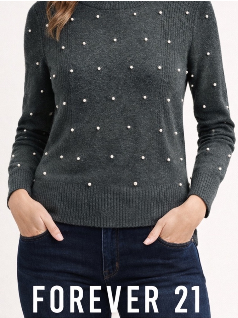Forever 21 Grey Pearl-Detail Crewneck Sweater